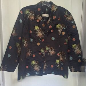 Silky Bowdon 3-Button Blazer Jacket Asian Inspired Chrysanthemum Black Silk?
